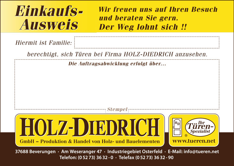 Holz-Diedrich GmbH - Ausstellung - Einkaufs-Ausweis für interessierte Kunden - Rückseite